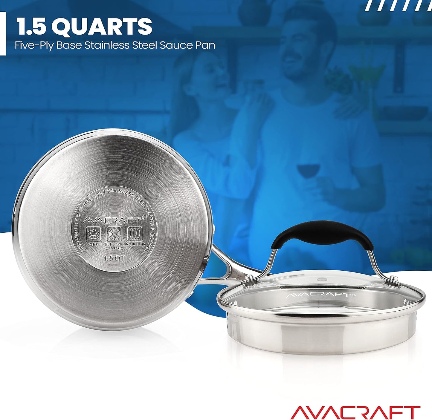 AVACRAFT Multipurpose Sauce Pan/Pot, Stainless Steel with Glass Strainer Lid, Two Side Spouts for Easy Pour with Ergonomic Handle (5-Ply Capsule Bottom, 1.5 Quart)