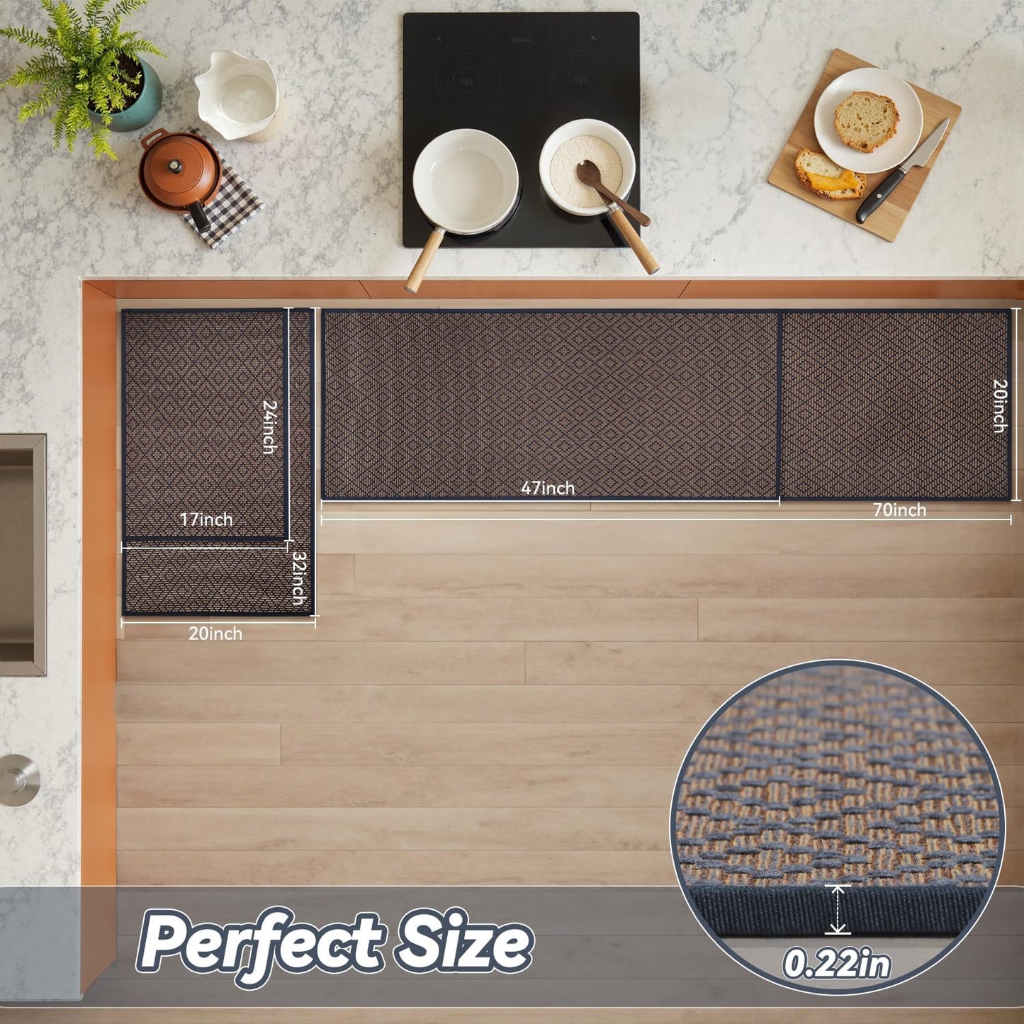 PADOOR Kitchen Floor Mat, Rubber Backed Kitchen Rugs Non Slip Washable, Super Absorbent Kitchen Mats for Floor Front of Sink, 17"x24" Blue