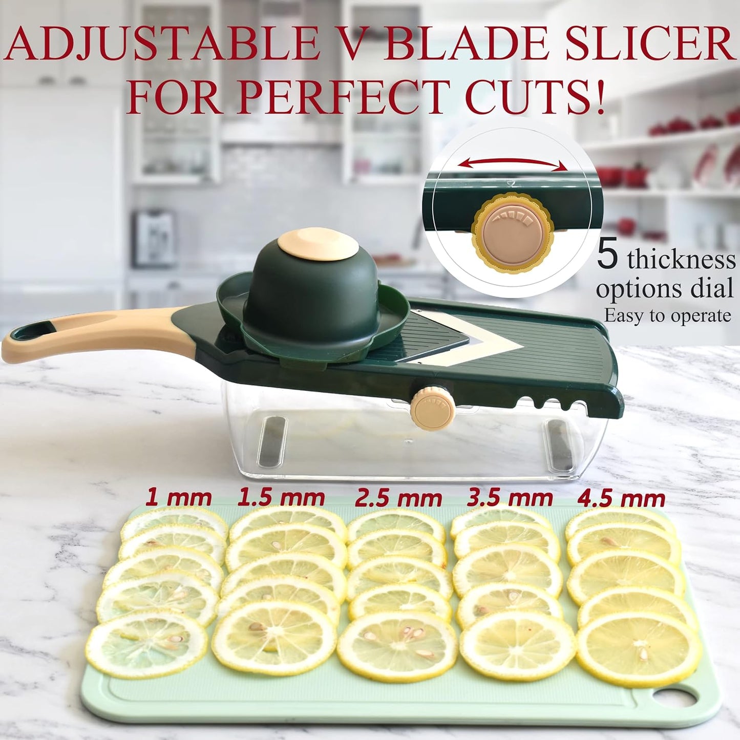 Adjustable Mandoline Slicer for Kitchen - Ultra Sharp V-Blade with Container, Julienning Slicer for Potatoes, Apples, Onions, Tomatoes