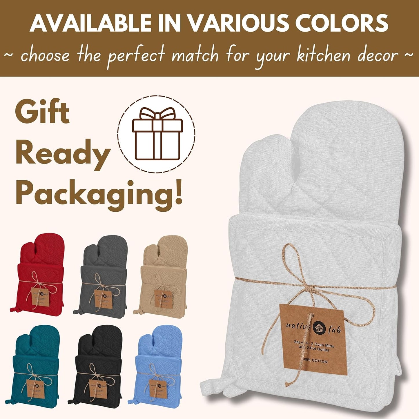 Native Fab 4 Piece Set - 2 Oven Mitts & 2 Potholders, Heat Resistant, 100% Cotton, Quilted Design, Non-Slip Grip, Machine Washable, Ideal for Baking, Cooking, BBQ, Kitchen Protection - White