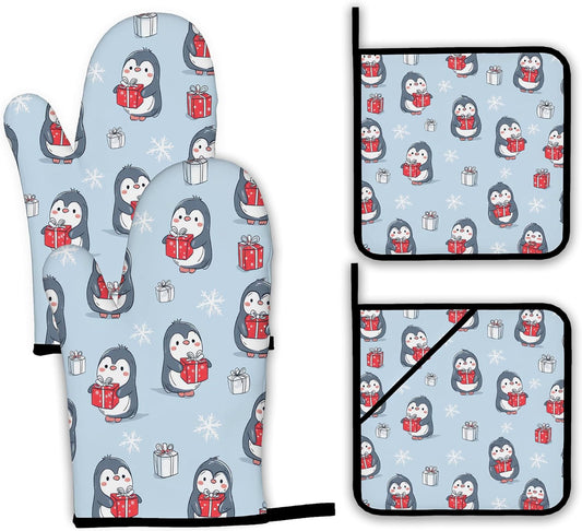 Christmas Cute Penguin Oven Mitts and Pot Holders Set,Snowflakes Kitchen Decor Heat Resistant Non Slip Hot Pads and Oven Mitt for Chef Cooking Baking BBQ Mom Girl Gifts(4 Piece Set)