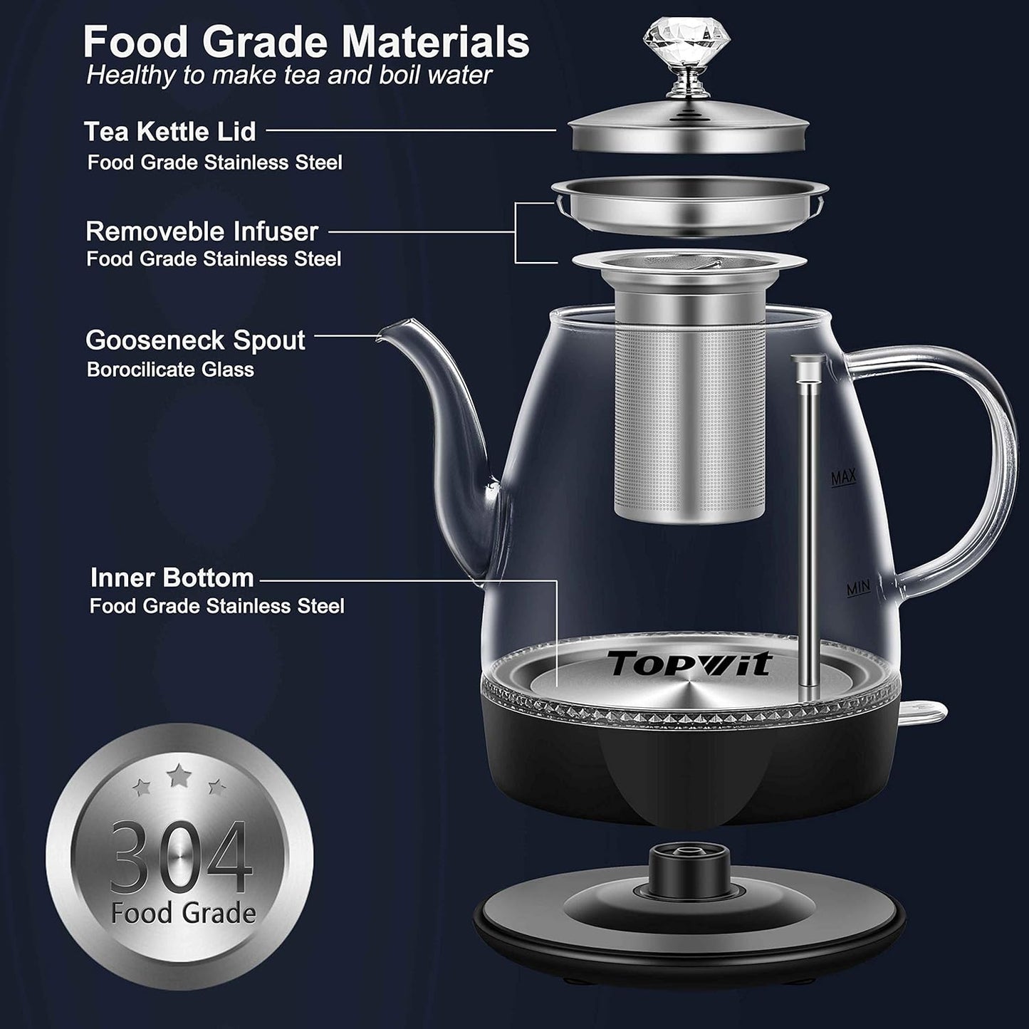 Topwit Electric Kettle Glass, For Hot Water, Tea and Coffee Dual Purpose Design, BPA-Free, 1L Pour Over Removable Stainless Steel Infuser, Auto-shut Off & Boil-dry Protect