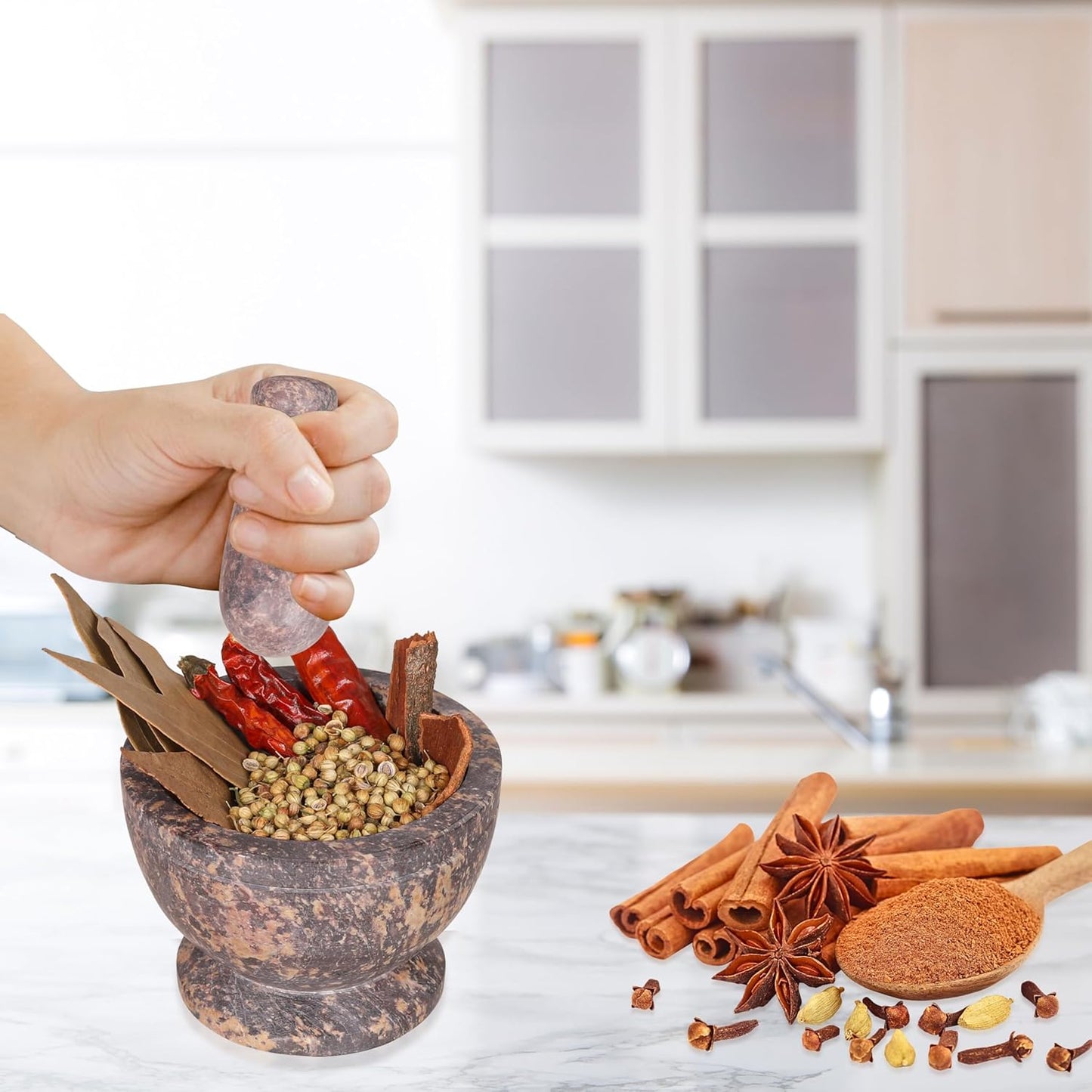 Mortar and Pestle, Made of Heavy Duty Polished Hard Stone, Natural Stone Grinder for Spices, Pastes, Herbs, Seasoning etc. (Classic Charm)