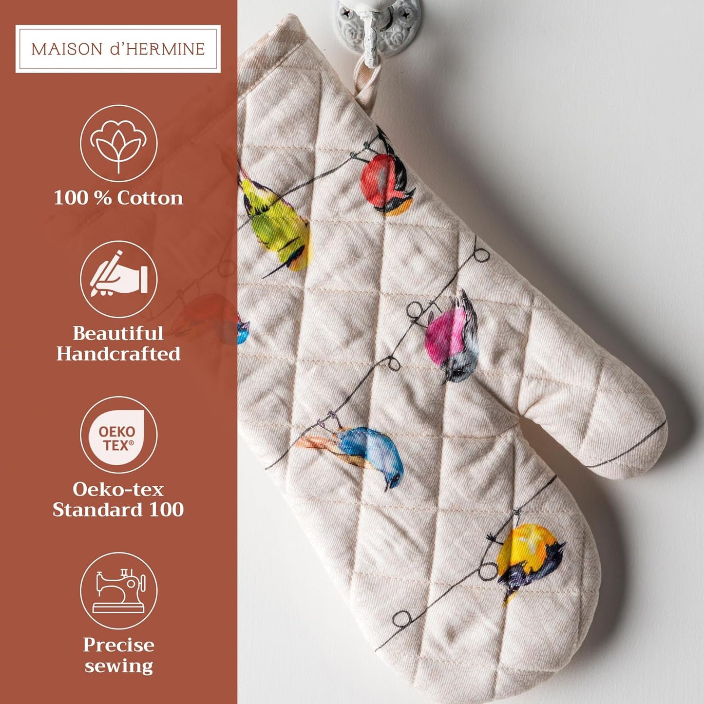 Maison d'Hermine Oven Gloves 100% Cotton Oven Mitt 7" x 13" with Loop Heat Resistant, BBQ, Cooking Gloves, Baking, Grilling, Kitchen, Handling Hot Pans Spring/Summer (Pack of 1, Birdies On Wire)