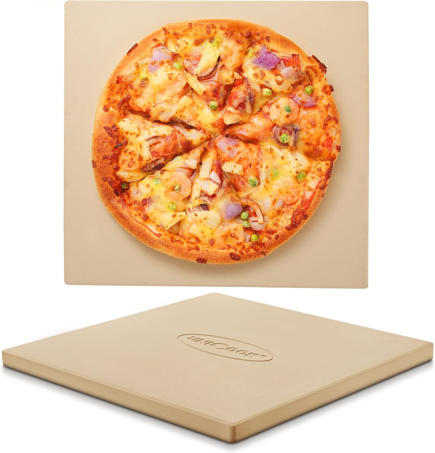 Unicook 16" x 16" Square Pizza Stone for Grill and Oven, Large Cordierite Bread Baking Stone for Crispy Crust Pizzas, Bread and Cookies, Includes Dough Scraper