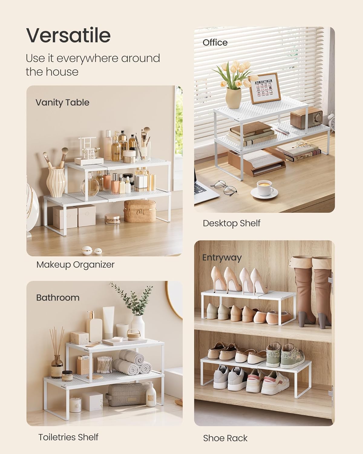 SONGMICS Set of 2 Expandable Pantry Kitchen Organizers, Adjustable Spice Rack, Stackable Cabinet Organizers, Metal, Space-Saving Tabletop Shelves, Matte White UKCS402W01