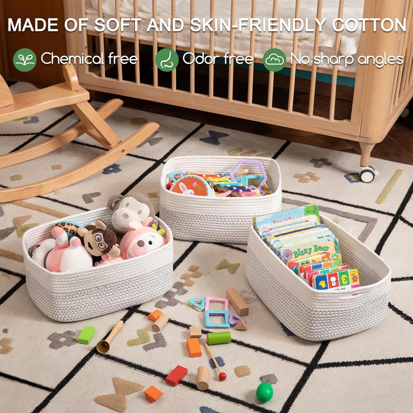 Storage Baskets for Organizing 3 Pack, Woven Baskets for Shelves, Closet Organizer Bins Empty Gift Basket Toy Storage for Toys, Books, Towels, Clothes, 15"x11.42"x6.7", White & Black