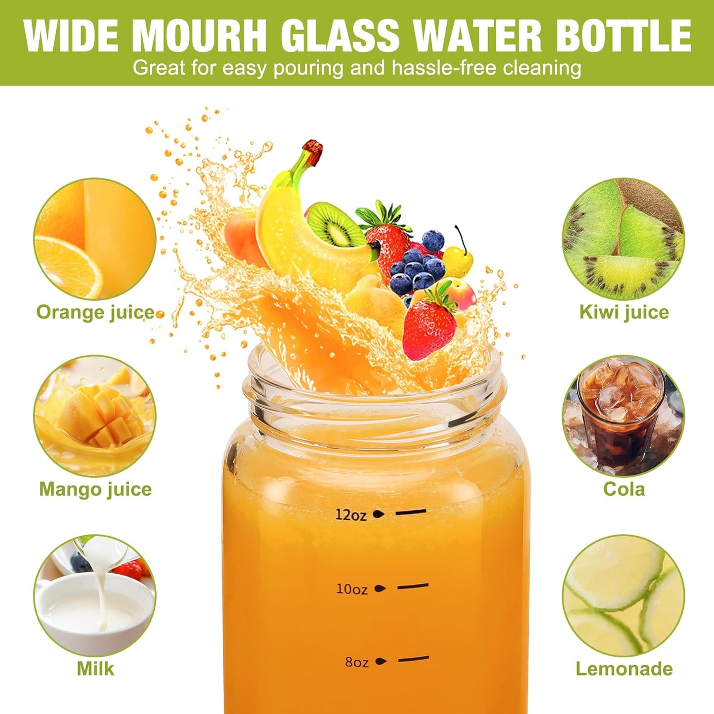 12oz Glass Juice Bottles – 4 Pack Reusable Wide Mouth Bottles with Stainless Steel Lids & Cleaning Brush, BPA-Free Water Bottles for Juicing, Smoothies, Milk, and Protein (360ml)