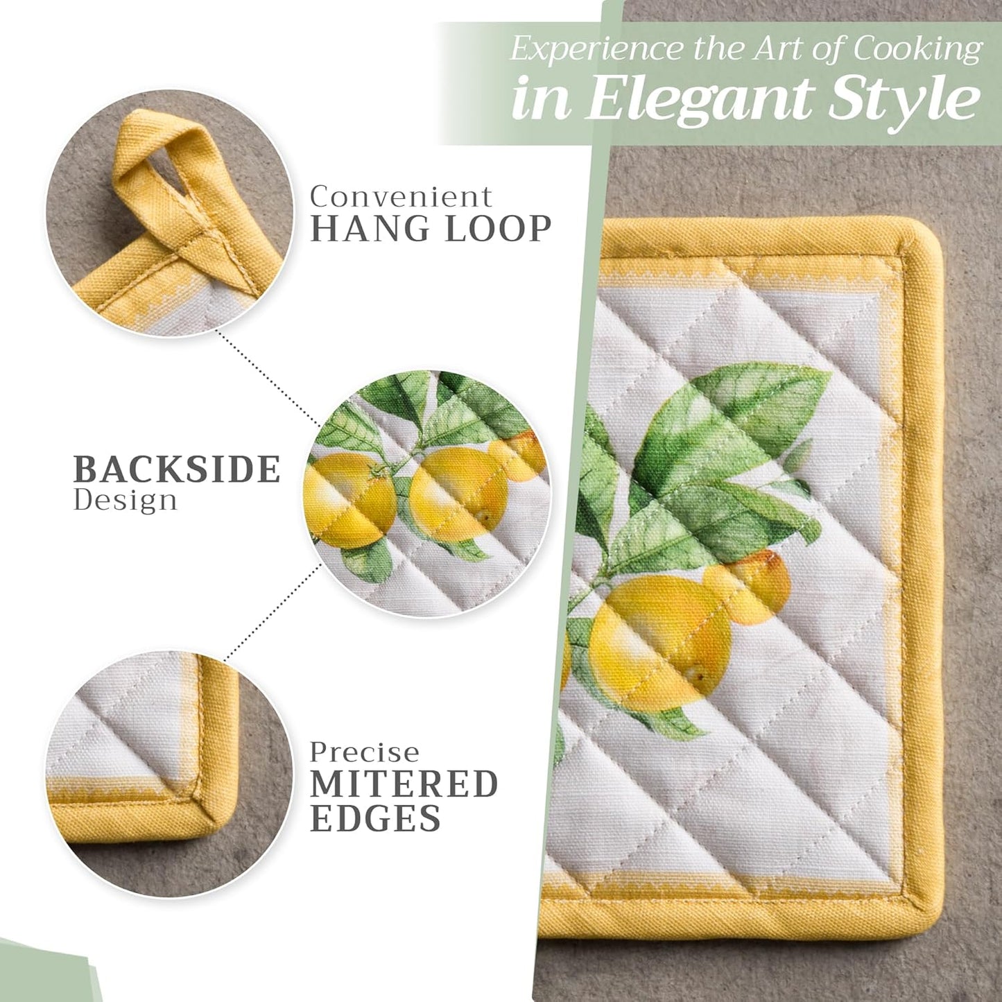 Maison d' Hermine Pot Holders Set 100% Cotton Heat Resistant Potholders 8" x 8" Hot Pads with Loop BBQ, Cooking, Baking, Grilling, Kitchen, Handling Hot Pans Spring/Summer (Pack of 2, Limoncello)