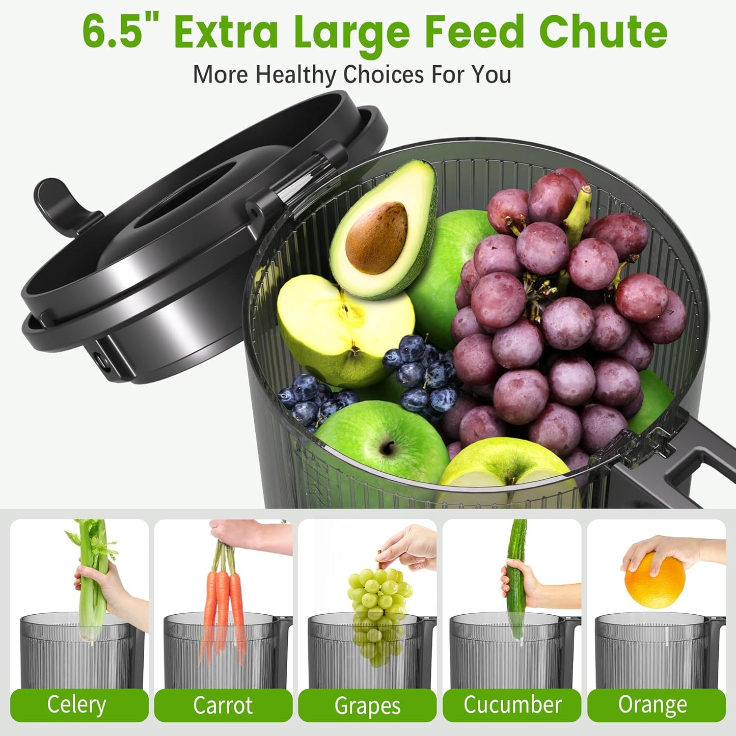 Cold Press Juicer, 6.5" Wide Feed Chute Juice Extractor Machine with Handle, High Juice Yield, 350W Professional Slow Masticating Juicer for Whole Vegetables & Fruits, Easy to Clean for Batch Juicing