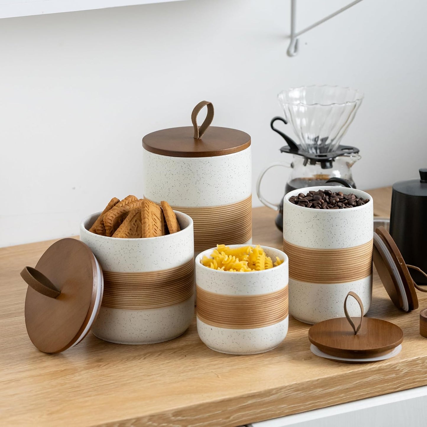 Large Storage Containers with Lids, Ceramic Coffee Container Kitchen Food Storage Jars for Spice Sugar Tea Bag, Stackable Decorative Jars for Counter, White & 61 fl.oz