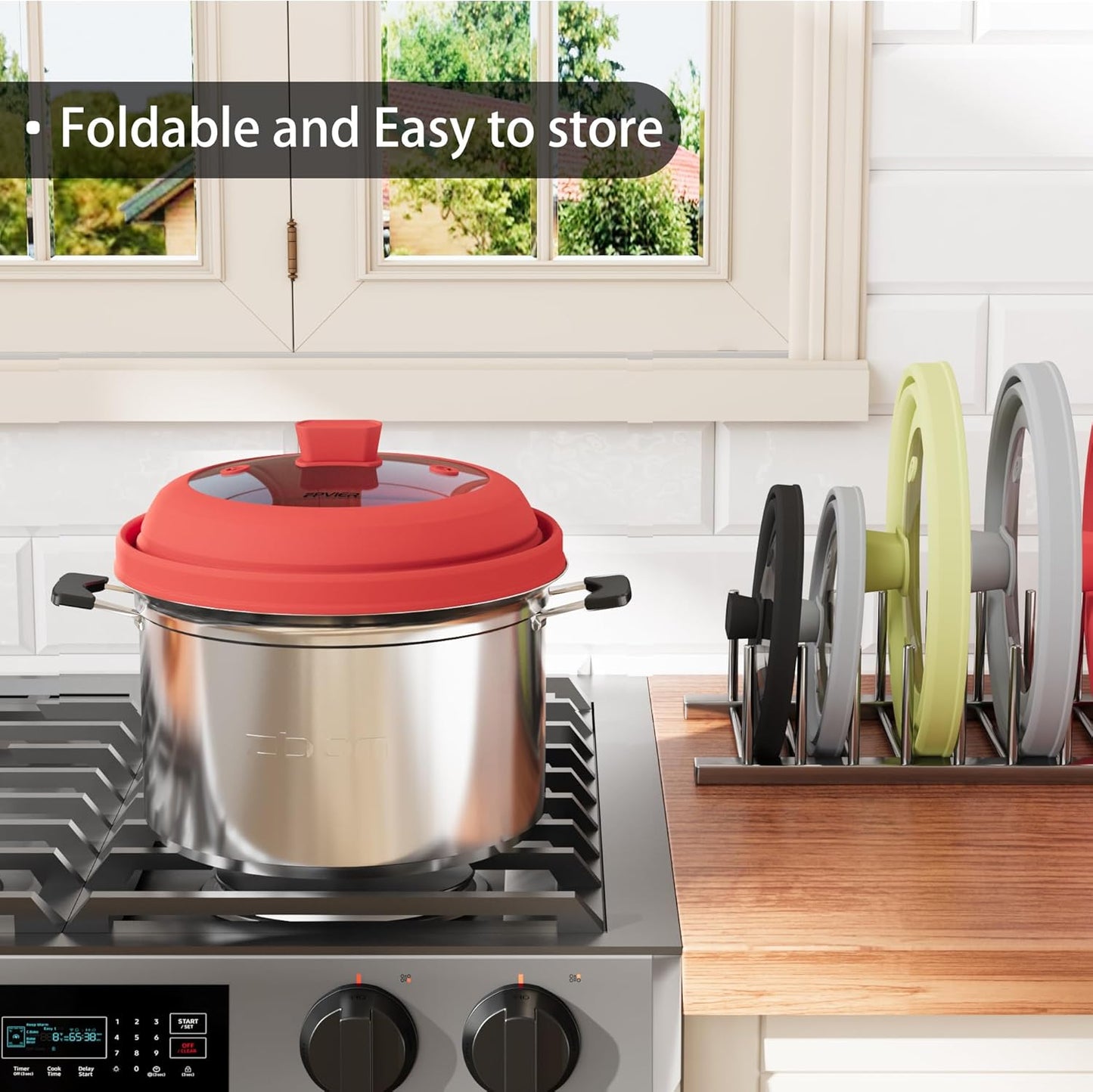 Microwave Splatter Cover, Vented Silicone and Glass Cover Splatter Guard Lid, Food Collapsible Plate Cover Lid with Easy Grip Handle. (Red, 11.8 inch)