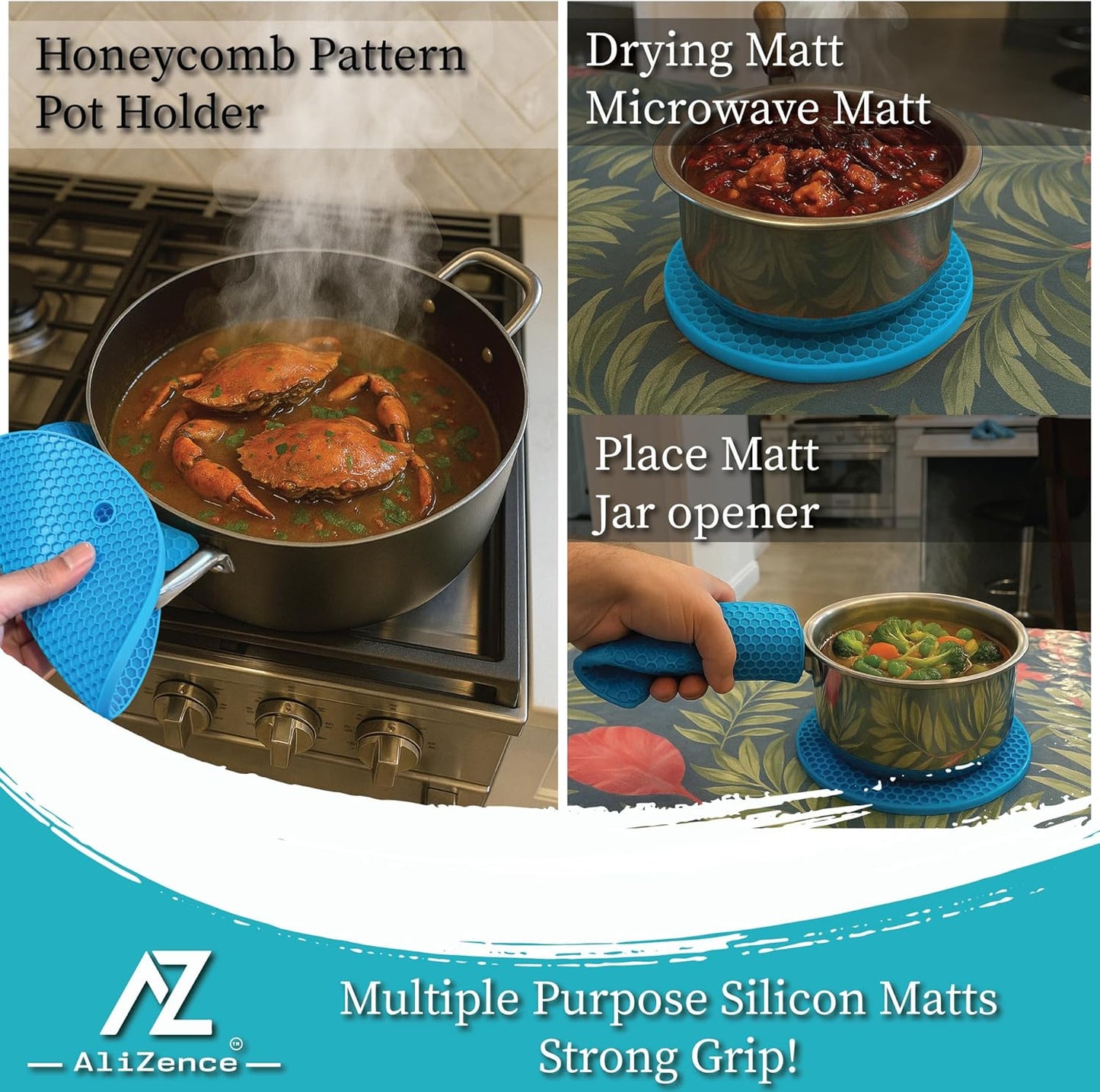 Silicone Smoker Oven Gloves & BBQ Set – Extreme Heat Resistant, Waterproof Oven Mitts, Mini Gloves, Hot Pads & Pot Holders for Cooking, Grilling, Baking, Extra Soft, Superior Value 6 pc Set. (Blue)