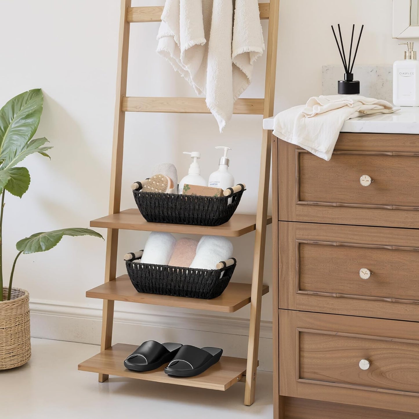 StorageWorks Black Wicker Storage Basket for Organizing with Wooden Handles, Small Woven Basket for Bathroom, Toilet Paper, 2-Pack