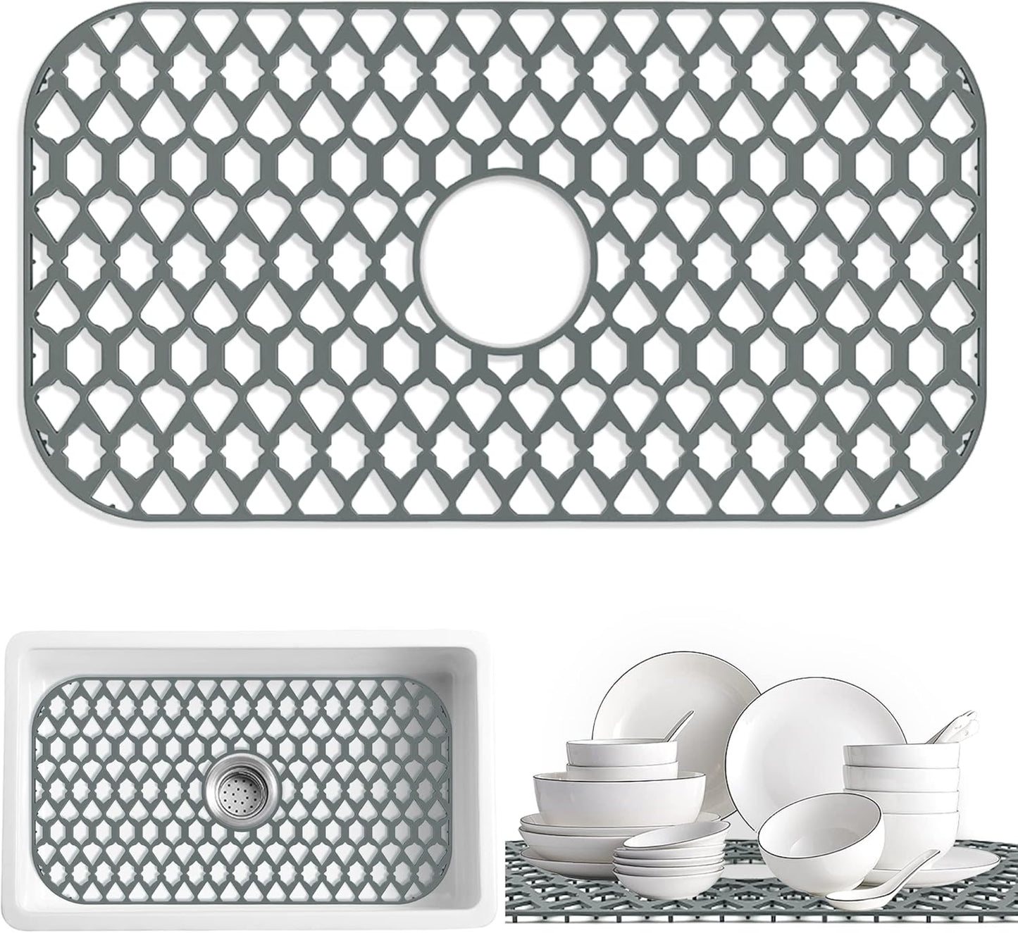 Large Sink Protectors for Kitchen Sink 19”x13”& 24”x13”& 26”x14”, Silicone Sink Mats Grid for Bottom of Farmhouse Stainless Steel Porcelain Sink (26”x14”, Center Drain)