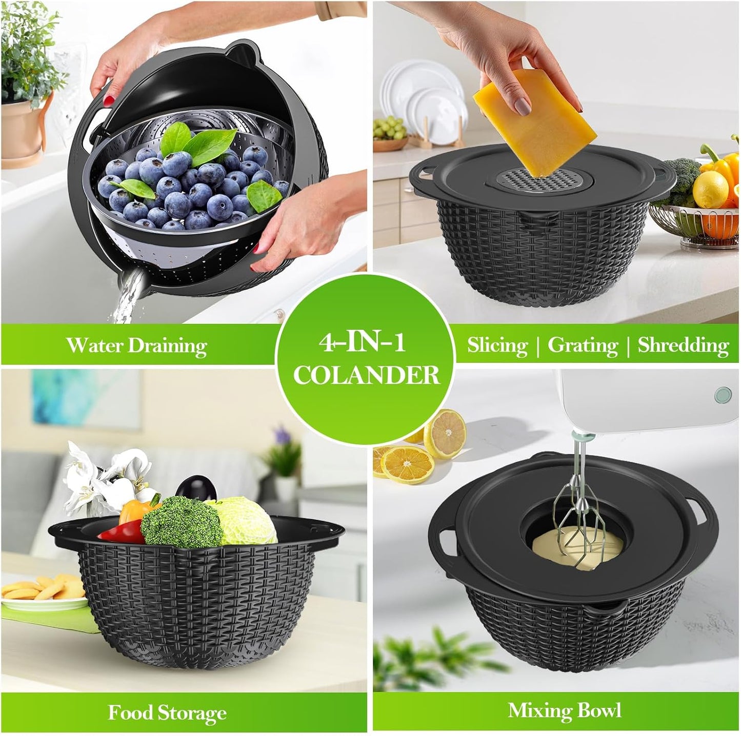 4-1 Colander with Bowl Set - Colander for Kitchen - Strainers and Colanders - Pasta Strainer - Funny Presents for Women - Rice Strainer Fruit Cleaner Veggie Wash Kitchen Gadgets Essentials, Black