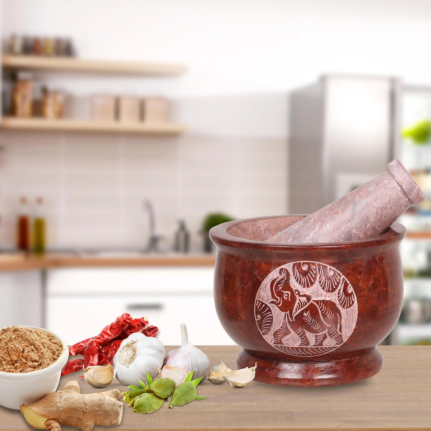 Mortar and Pestle, Made of Heavy Duty Polished Hard Stone, Natural Stone Grinder for Spices, Pastes, Herbs, Seasoning etc. (Brown Elephant)