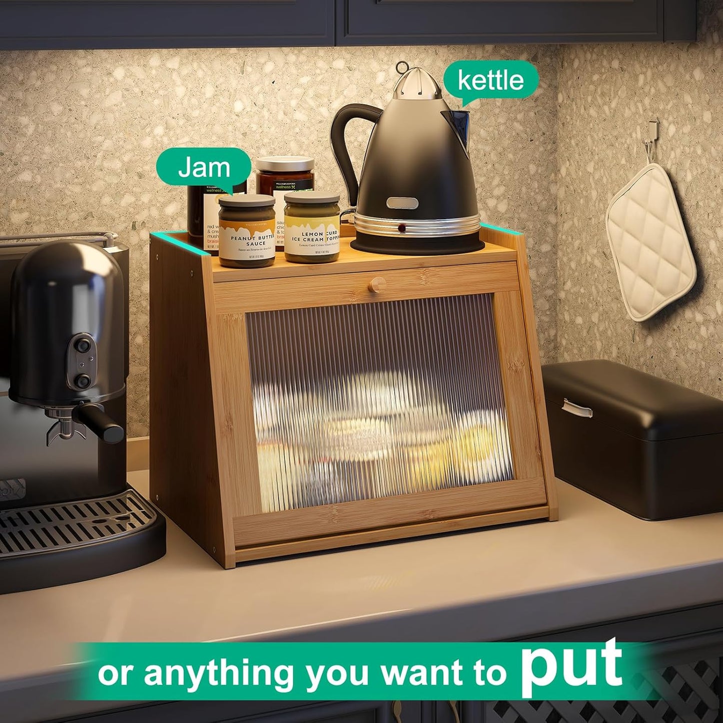 Large Bread Box for Kitchen Counter, Bamboo Bread Storage Container with Wavy Arcylic Transparent Door, Bamboo Wooden Farmhouse Bread Box for Your House