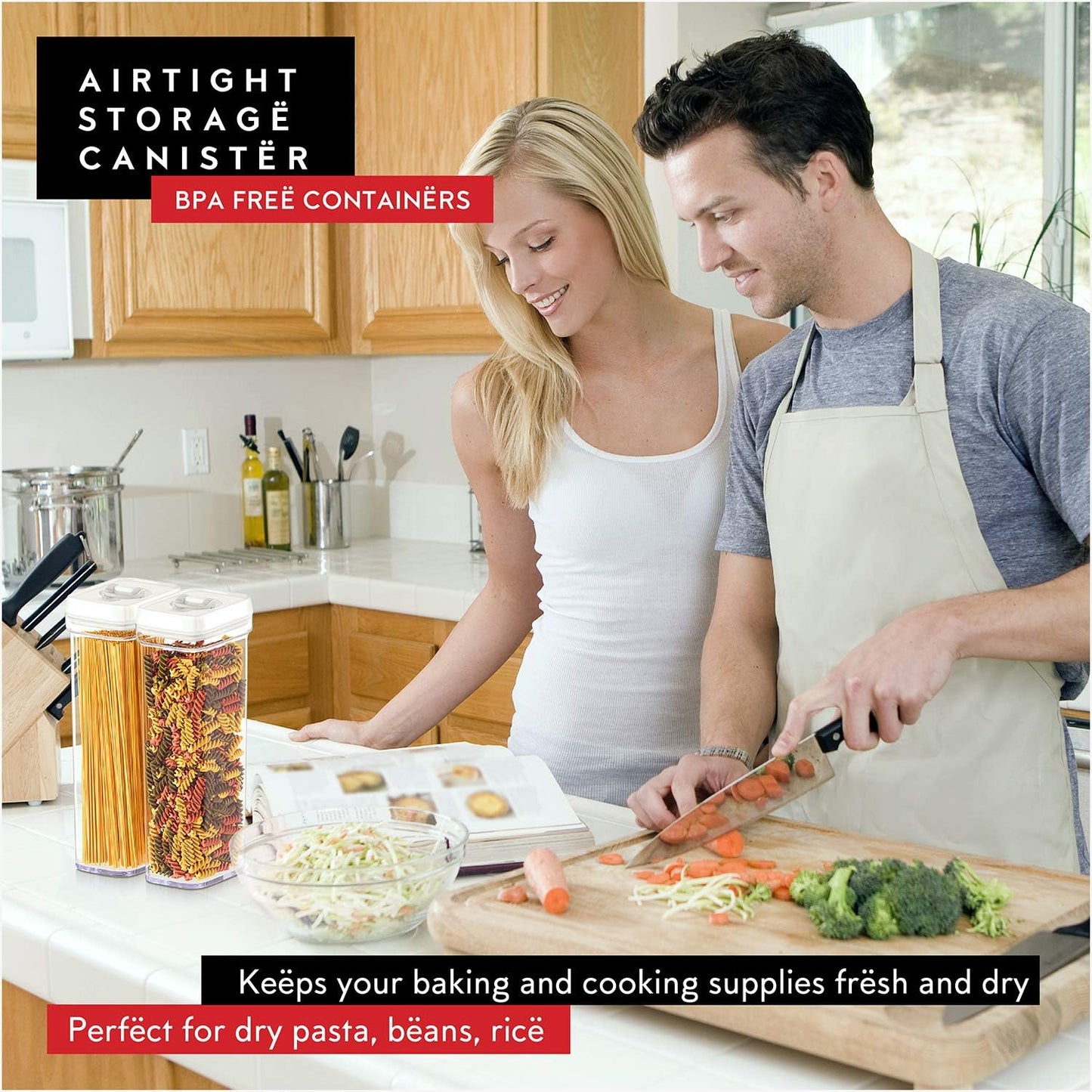 DWËLLZA KITCHEN Pasta Storage Containers for Pantry - Set of 2 White Airtight Spaghetti Container Storage - Ideal for Spaghetti & Noodles, Kitchen Pantry Organization and Storage, Keeps Food Fresh