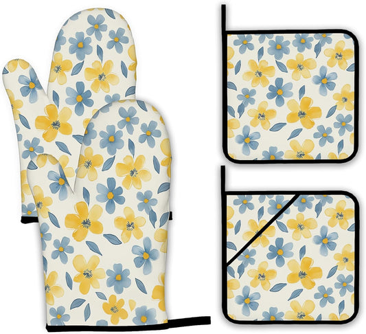 Cute Floral Oven Mitts and Pot Holders,Yellow Blue Flower Heat Resistant Oven Mitts Gloves and Pot Holder for Home Kitchen Decorations Cooking Baking BBQ Gifts,Set of 4