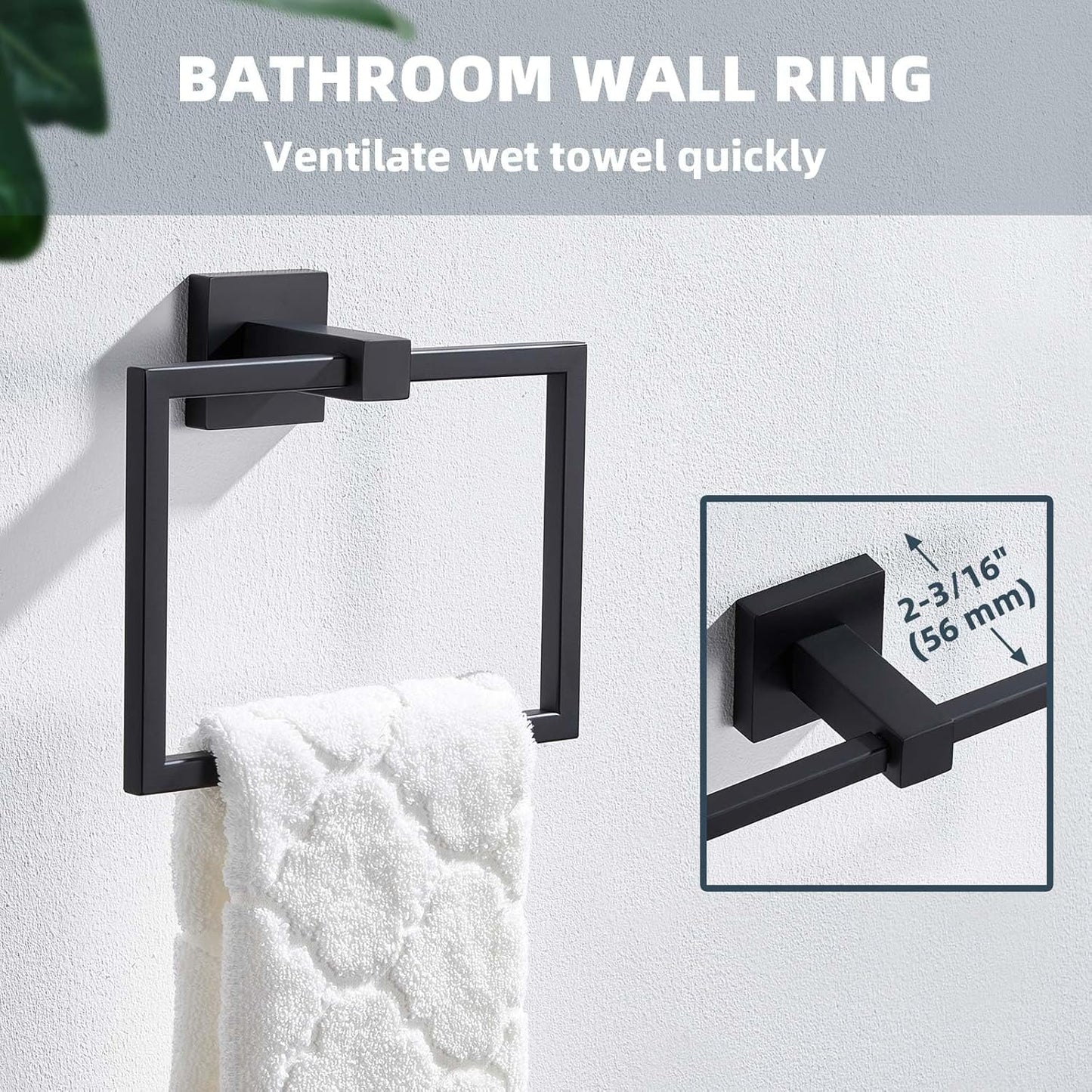 APLusee Swivel Towel Ring Matte Black, 304 Stainless Steel Square Hand Towel Holder for Bathroom Wall Mounted