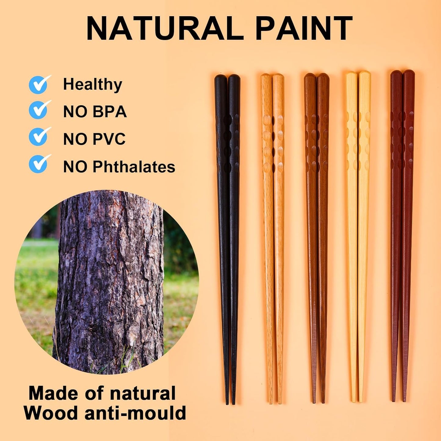 5 Pairs Japanese Minimalist Reusable Chopsticks, 8.8 Inch Non-Slip Natural Wood Set - Ideal for Sushi, Noodles, Rice | Chopsticks Gift Set for Asian Cuisine Lovers