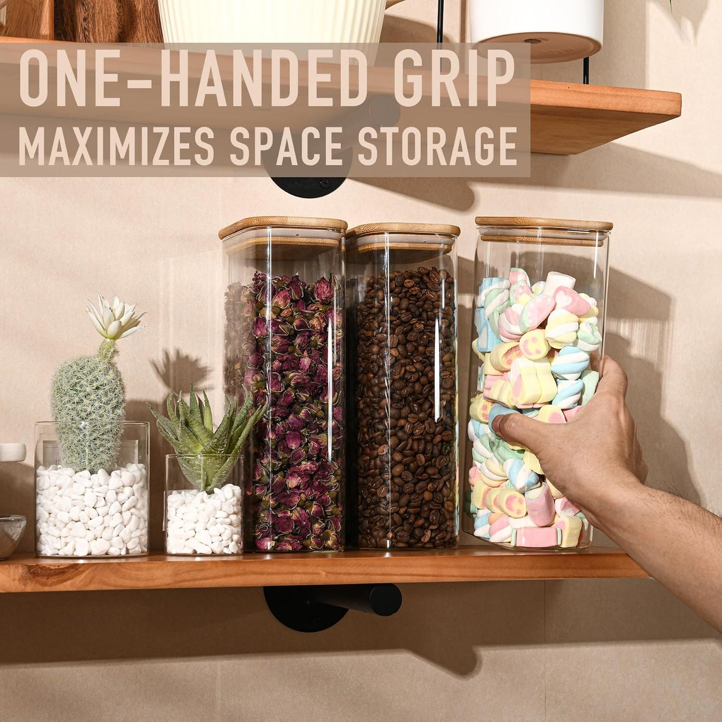 64oz Rectangle Airtight Glass Storage Containers with Bamboo Lids (Set of 4), Square Food Storage Jar, Pantry Organizers for Cereal, Flour, Pasta and Coffee beans (‎with Black Lable)