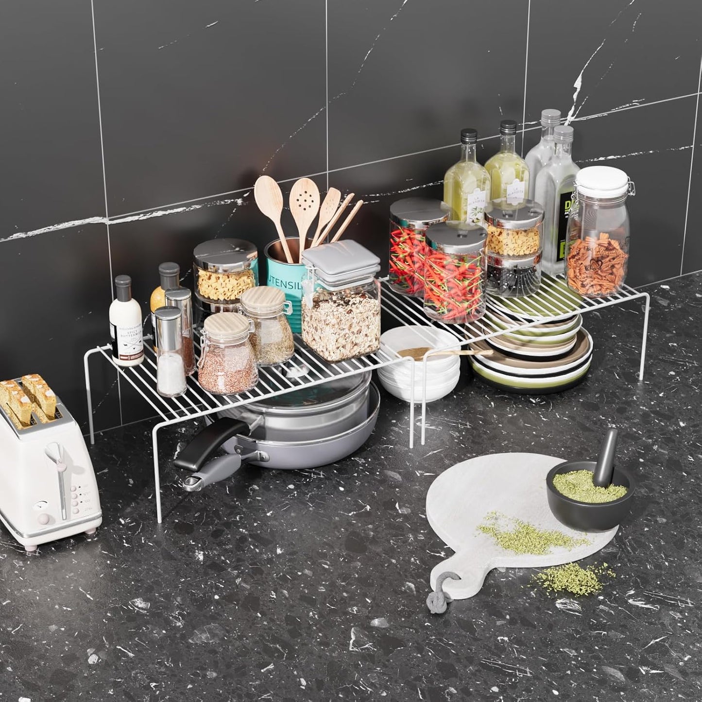 Large(15.7 x 9.4 inch)White Cabinet Storage Shelf Rack Set of 4, Rustproof Metal Wire Kitchen Counter Organizers and Storage, Spice Organization for Cabinet, Plate, Dish, Pantry, Bathroom, Fridge