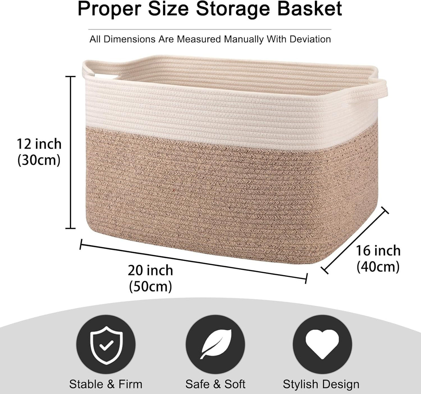 OIAHOMY 65L Blanket Basket, Cotton Rope Woven Blanket storage for Living Room, Rectangle Woven Baskets for Storage, 20''×16''×12'', Brown and White
