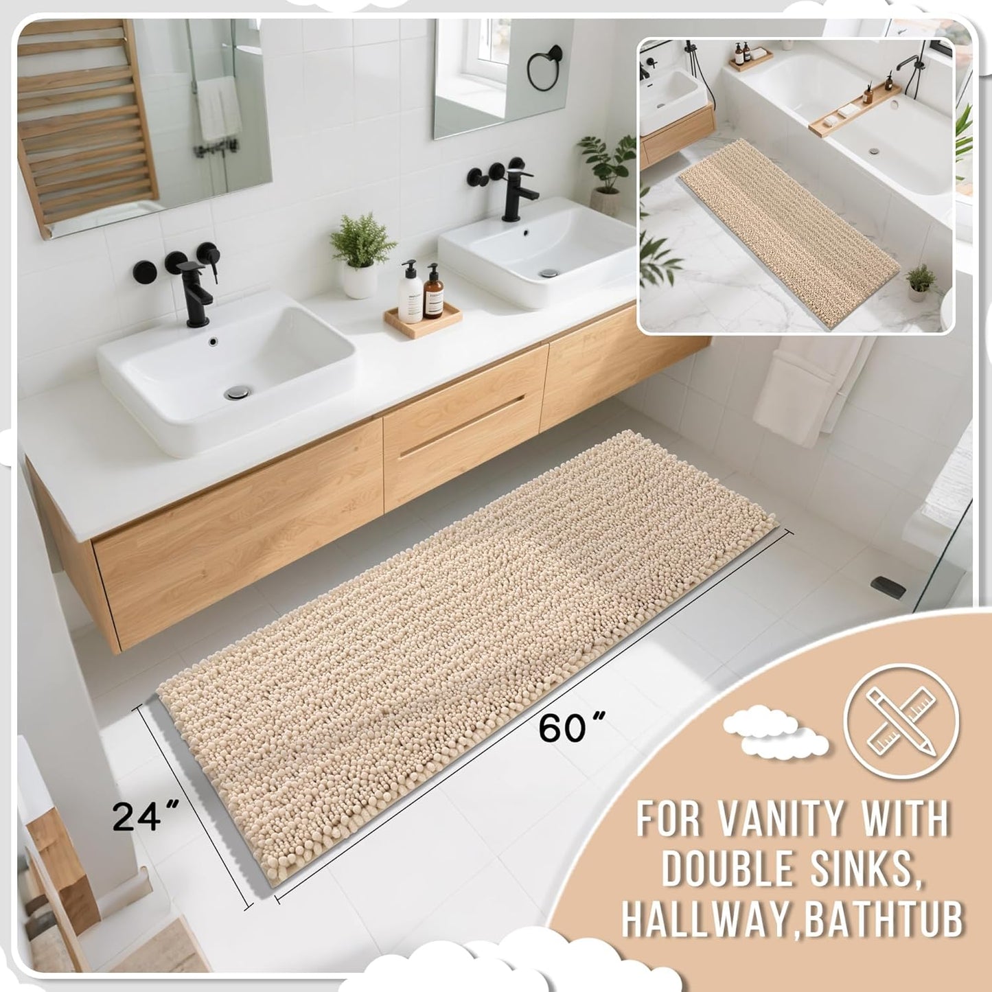 Yimobra Bathroom Runner Rug 60x24 Inch - Extra Long Non Slip Chenille Bath Mat, Soft & Absorbent, Machine Washable Shaggy Hallway Carpet for Vanity Tub Shower, Light Brown Home Decor Accessories