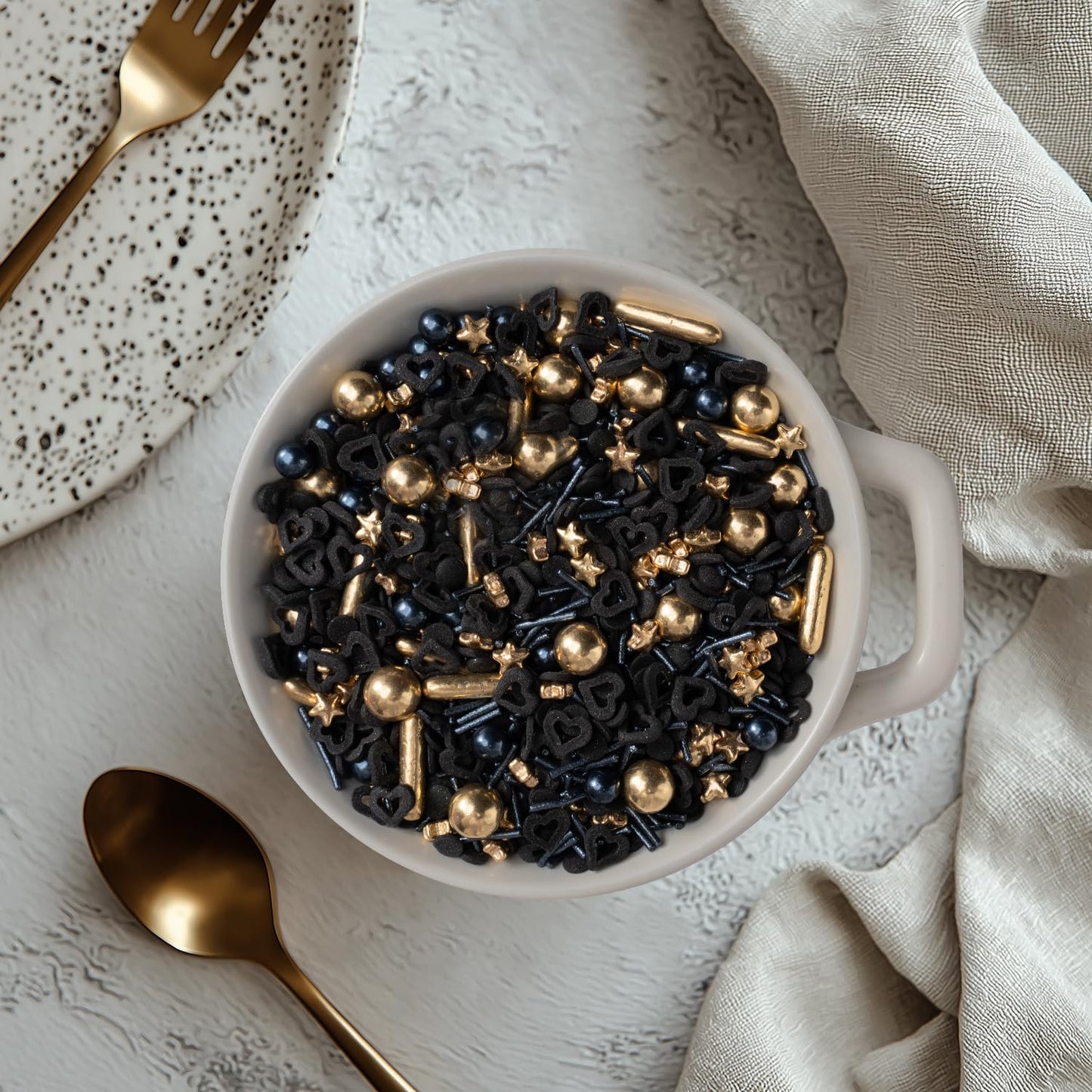 Black & Gold Star Sprinkles for Cake Decorating 4.23ounce - Sugar Mix Contains Gold Star & Pearl Sprinkles for Cupcake Toppers, Ice Cream, Candy, Cookie Decorations - Wedding Party Supplies