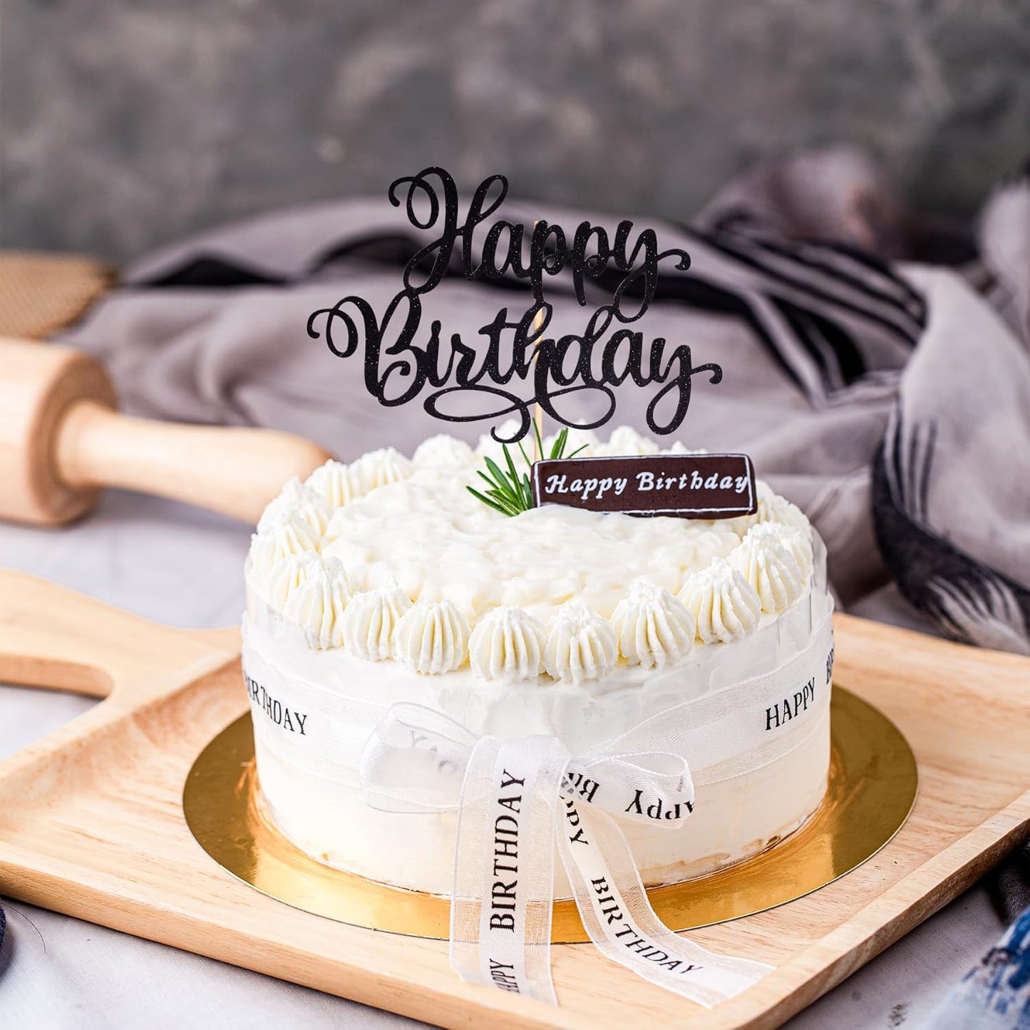 Happy Birthday Cake Toppers 9 Inch Glitter Happy Birthday Cake Pick for Birthday Anniversary Theme Party Cake Decorations Supplies - Black