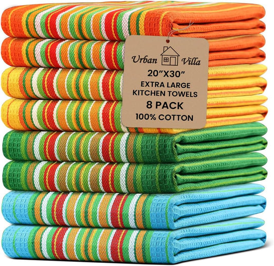 Urban Villa Salsa Stripe KitchenTowels 100% Cotton Dish Towels for Kitchen Multi Color Highly Absorbent Multi-Purpose Waffle Dish Cloths for Cleaning Soft Hand Bar Towels 20x30 Inches (Set of 8)