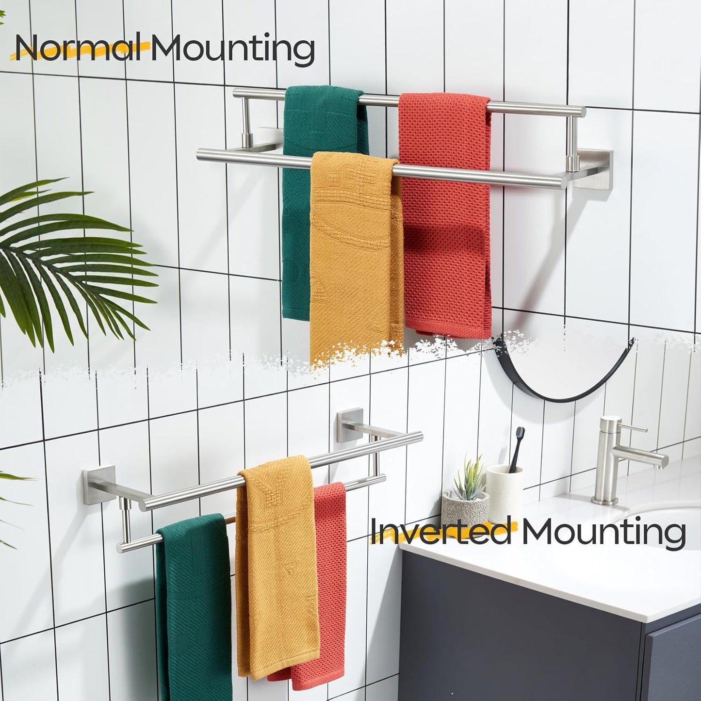 KOKOSIRI Bath Towel Holders Brushed Nickel Bathroom Rack 24-Inch Double Towel Bars Rails for Garage Kitchen Stainless Steel B5009BR-L24