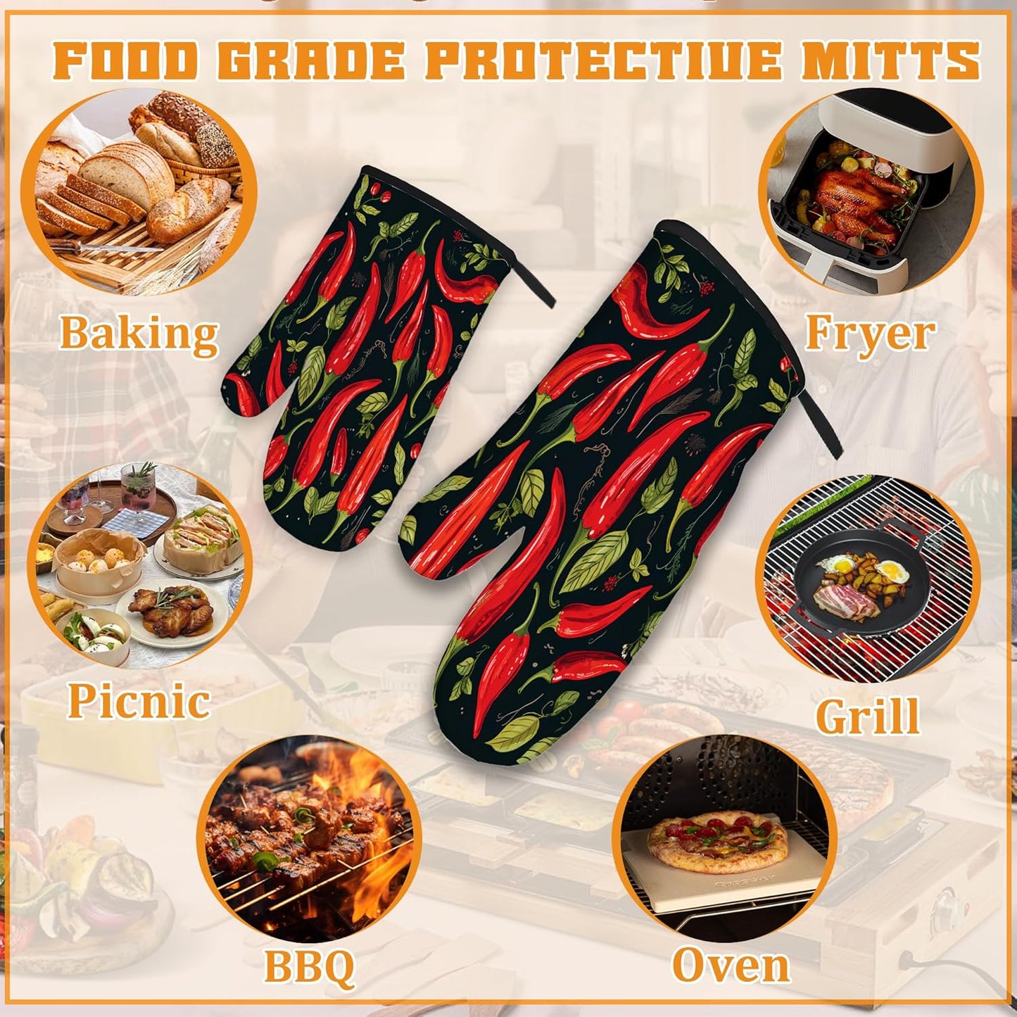 Red Pepper Oven Mitts and Pot Holders Set,Kitchen Oven Gloves and Pot Holder with Heat Resistant Non Slip for Cooking Baking Grilling(4 Piece Set)