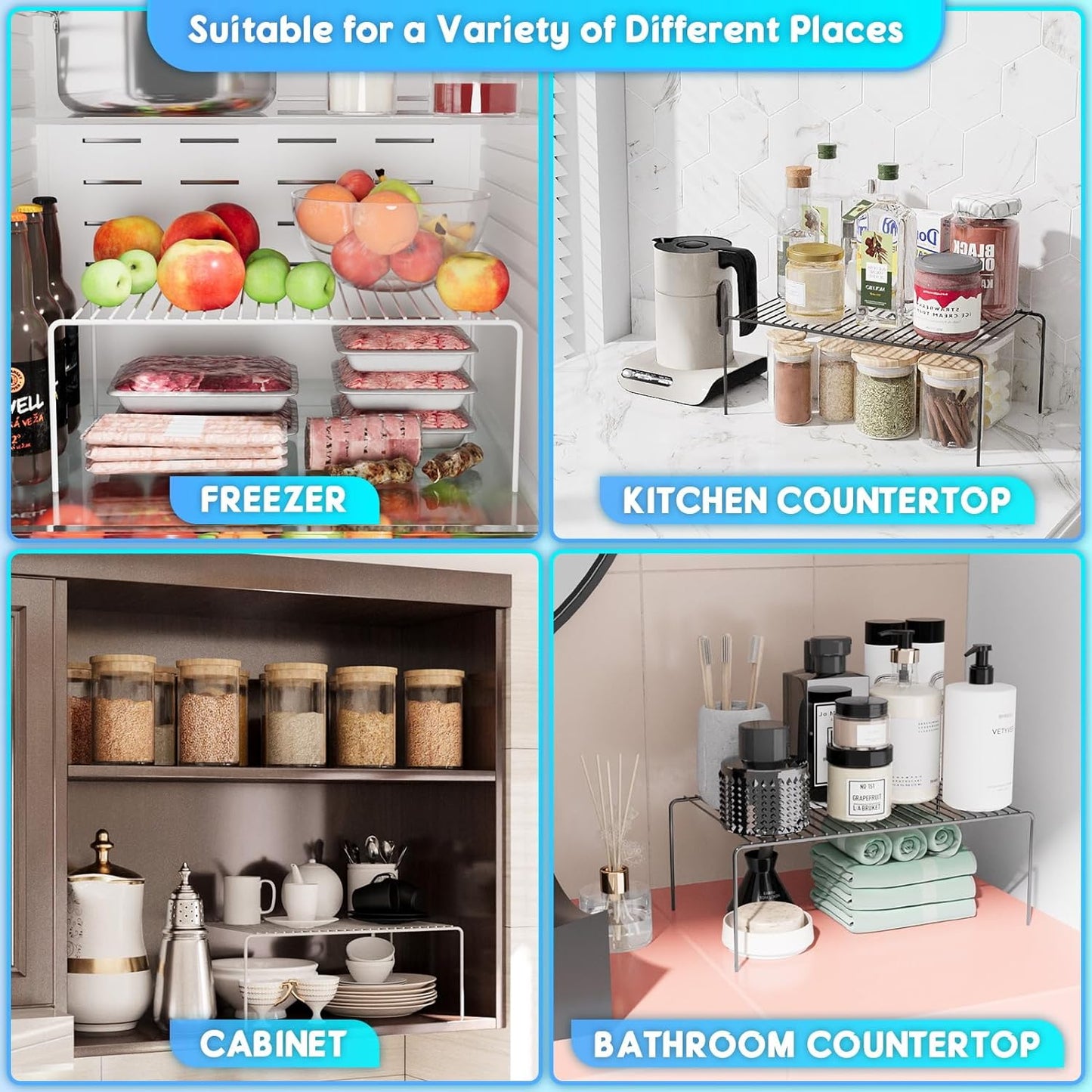 Medium(13 x 9.4 inch)White Cabinet Storage Shelf Rack Set of 6, Rustproof Metal Wire Kitchen Counter Organizers and Storage, Spice Organization for Cabinet, Plate, Dish, Pantry, Bathroom, Fridge