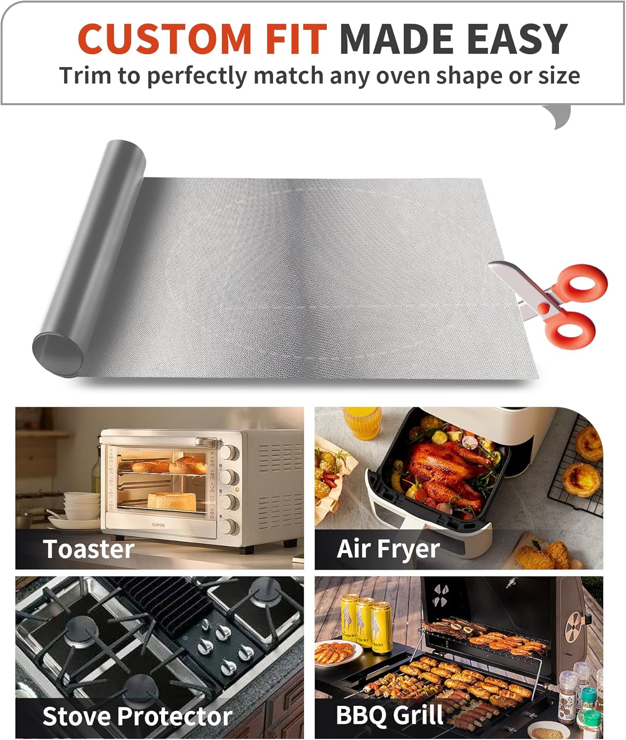 3 Pack Oven Liners for Bottom of Oven, 17x25" Large Heavy Duty Non-Stick Reusable Oven Mat for Electric, Gas, Toaster & Convection Ovens - BPA & PFOA Free, Dishwasher Safe, Kitchen Essentials, Silver