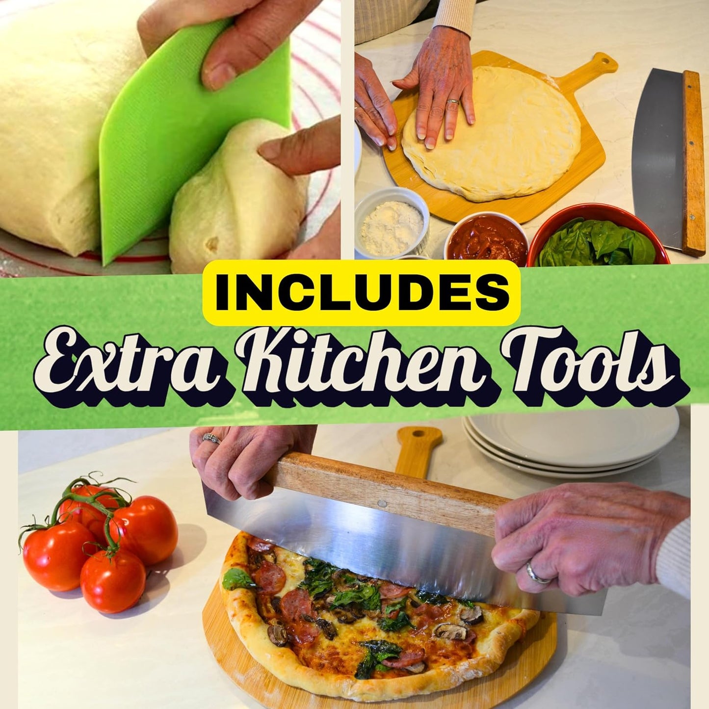 Large Pizza Stone for Oven 16 inch - Round Pizza Stone for Grill with Handles, Wood Pizza Peel and Cutter Set - Baking Stone for Bread - Pizza Making Kit Accessories - Gifts for Food Lovers