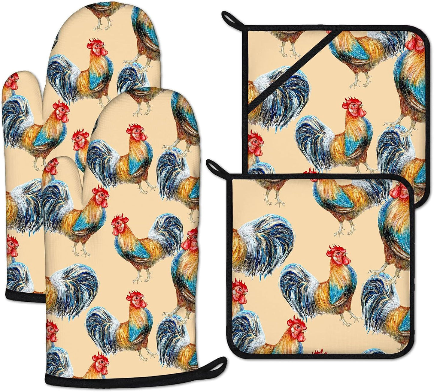 Watercolor Rooster Oven Mitts and Pot Holders Sets Heat Resistant 4Pcs Potholders Oven Gloves Hot Pads for Kitchen Baking Cooking Grilling BBQ