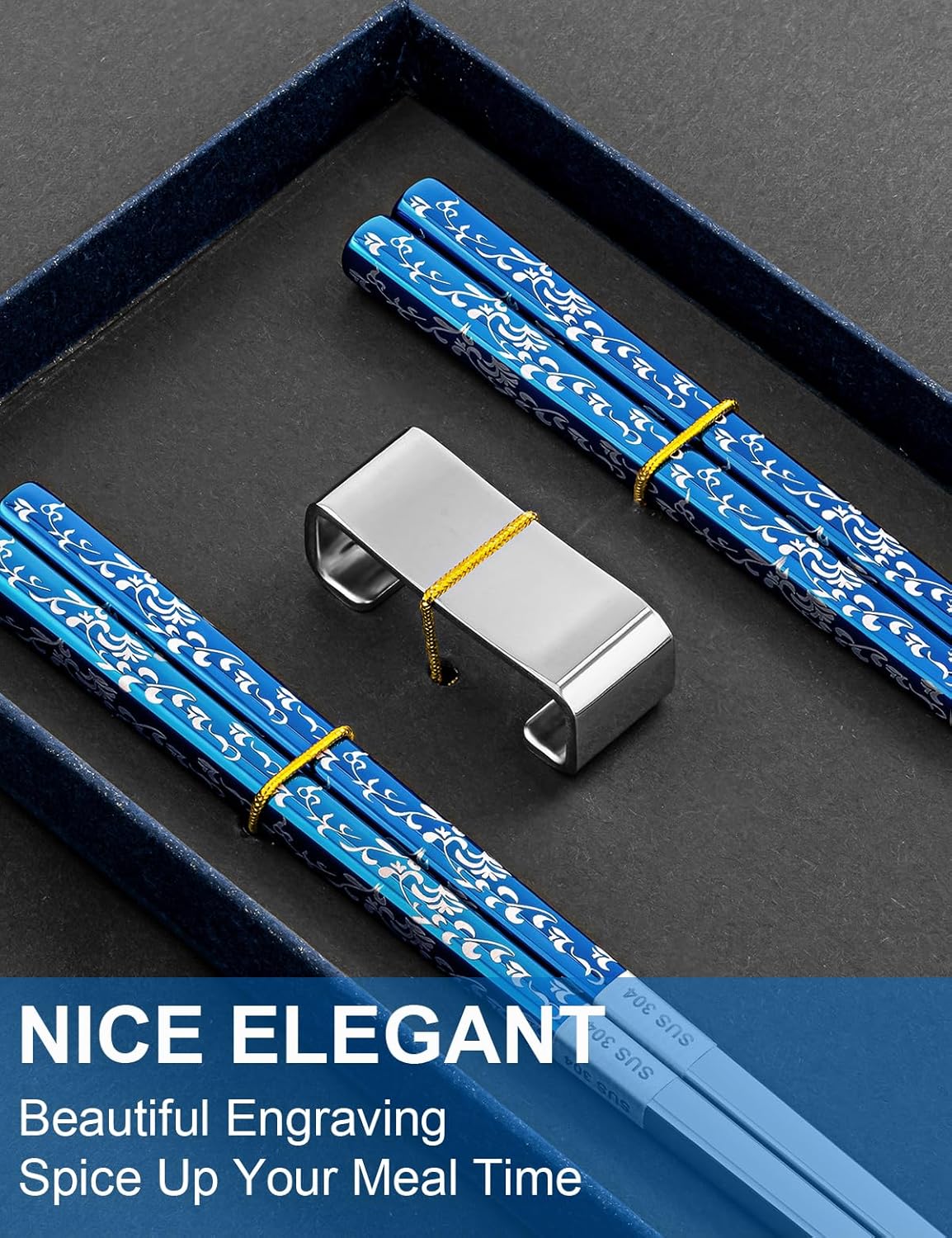 Metal Chopsticks Reusable 2 Pairs Titanium Plated Stainless Steel Chopsticks with Holder, Dishwasher Safe Non-Slip Japanese Style Chop Sticks Present Set (Blue Silver)