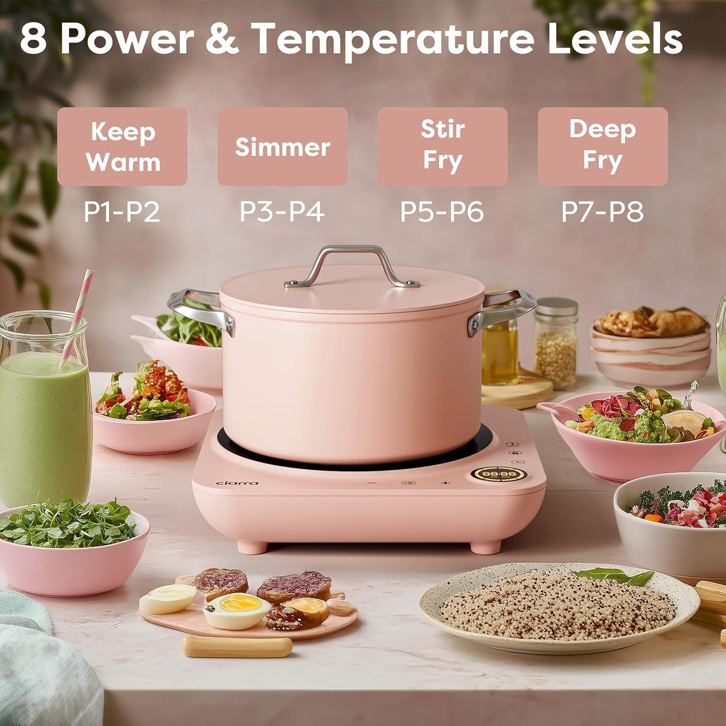CIARRA Portable Induction Cooktop – Slim Single Burner Electric Cooktop with Sensor Touch, Digital Timer & Safety Lock, Portable Stove Top Electric for Countertop Cooking, Induction Cooker, Pink