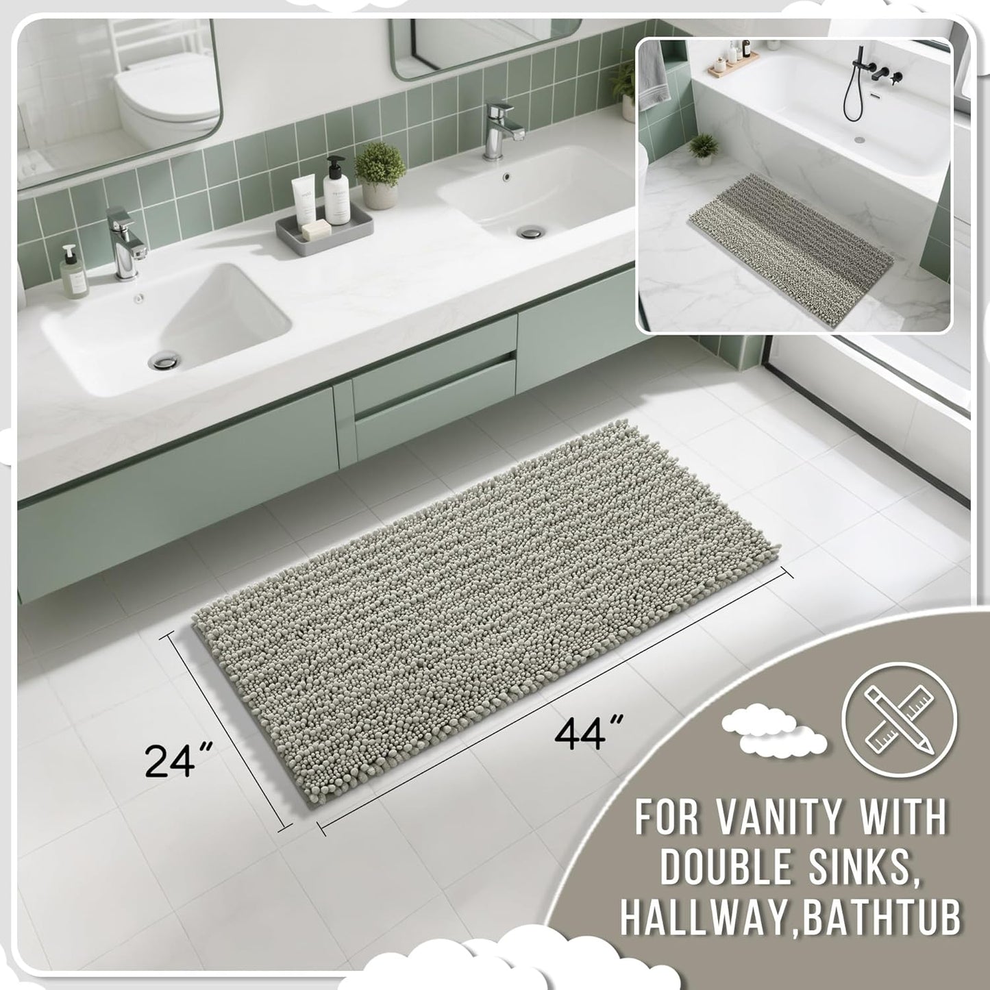 Yimobra Long Bathroom Rugs Non Slip Washable 44x24 Inch - Ultra Soft Absorbent Chenille Bath Mat, Quick Dry Shaggy Floor Carpet for Tub Shower, Sand Home Decor Accessories