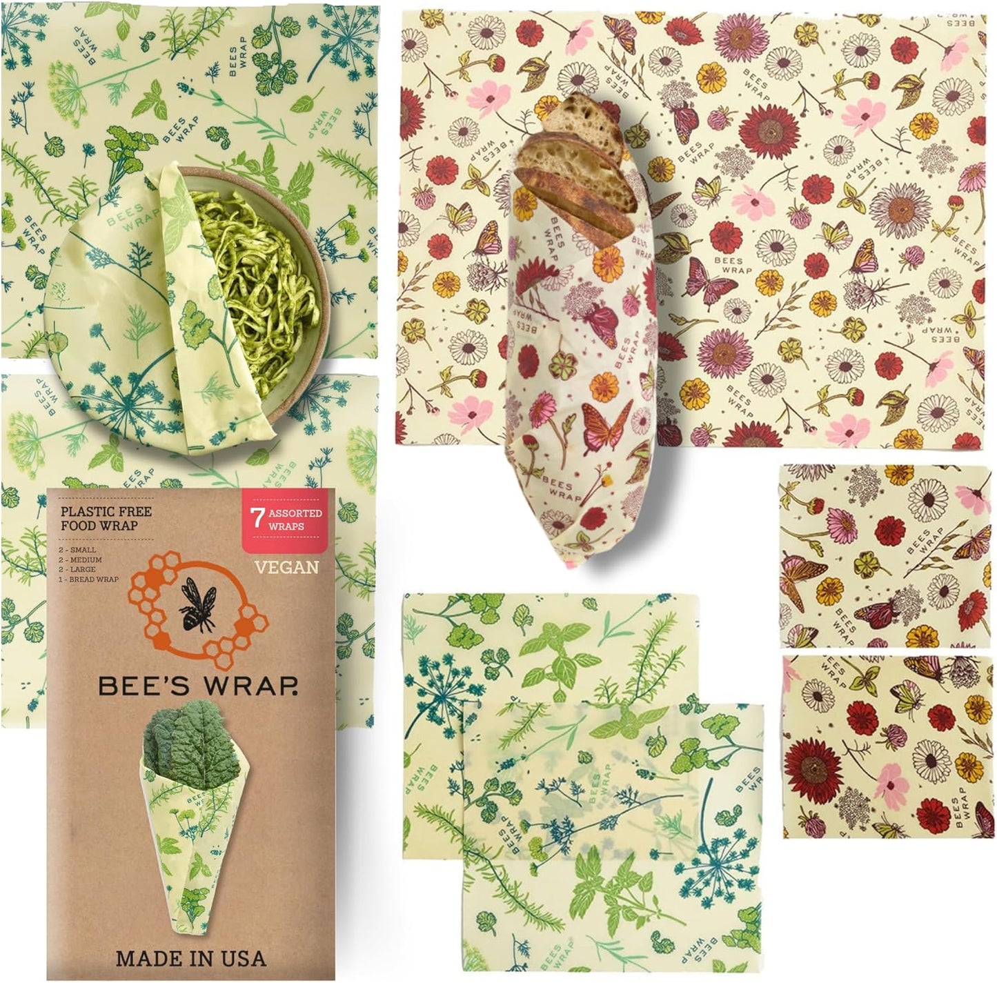 Bee's Wrap Vegan Beeswax Wraps for Food - Assorted 7 Pack (2S, 2M, 2L, & 1 Bread) Made in USA Reusable & Organic Food Wraps & Bowl Covers - Eco-Friendly Alternative to Aluminum Foil & Plastic Wrap