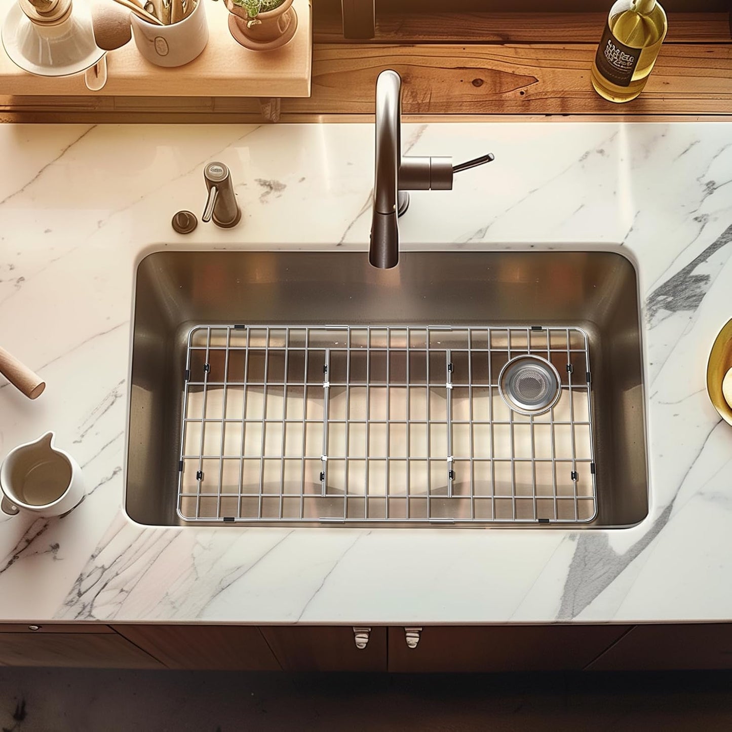 iPEGTOP Sink Bottom Grid, 3-Piece Stainless Steel Sink Protector 28-1/4" x 14-1/4" Side Drain Hole, Sink Grate for Bottom of Kitchen Sink Single Sink Bowl with Sink Hole Cover