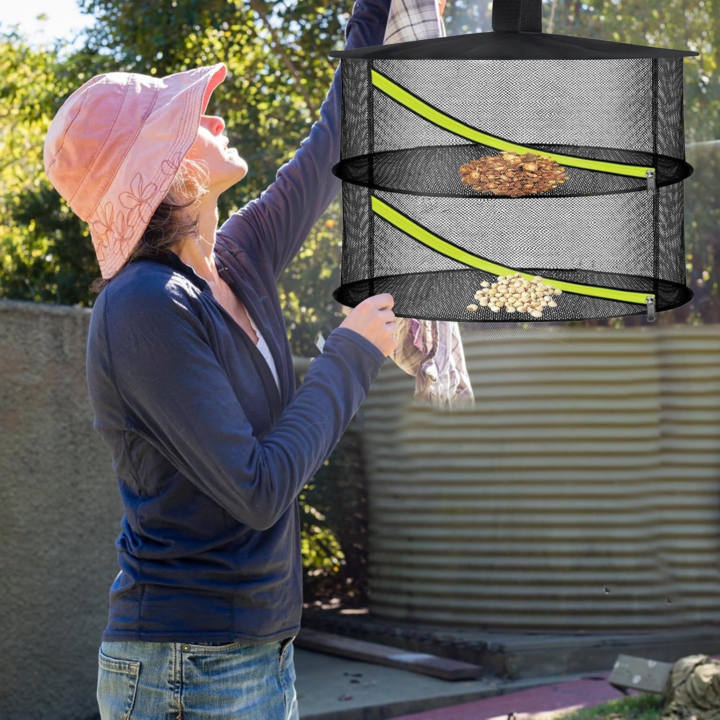 2 Layer Herb Drying Rack, Hanging Mesh Net, Foldable Plant Drying Rack with Diagonal Zipper, Garden Trimming Shears and Hooks, for Drying Herbs Plants, Fruits, Seafood, Clothing(2 Layers-23.62'')