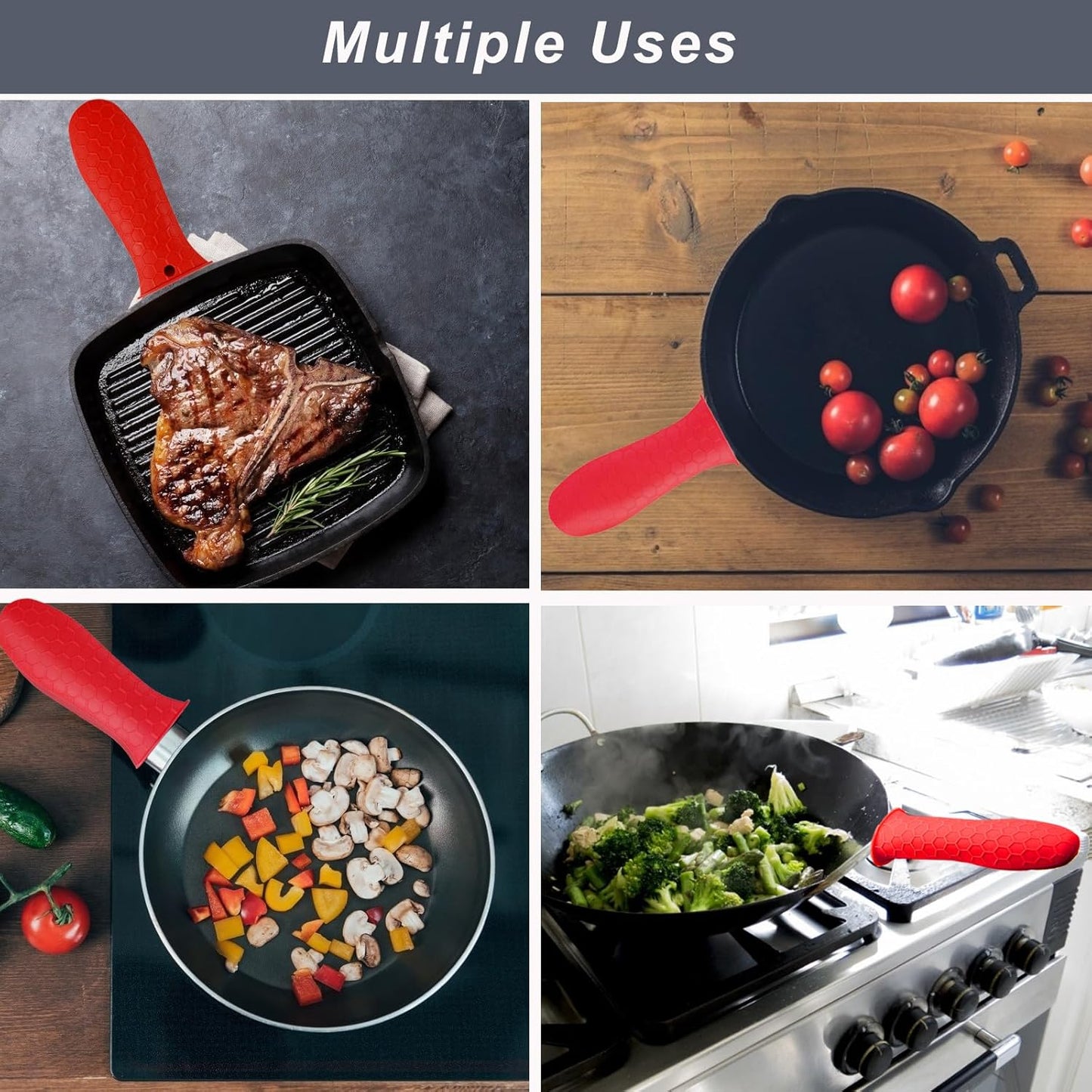 8 Pcs Non-Slip Silicone Hot Handle Holder & Assist Grips, Potholder for Cast Iron Skillets, Heat Resistant Handle Cover Sleeve for Frying Pans, Casserole, Cookware Handles, Red