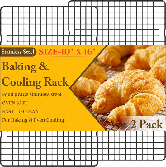 2PCS Cooling Racks for Cooking and Baking - 10" x 16"Heavy Duty Stainless Steel Wire Rack for Baking, Grilling, Roasting - Oven & Dishwasher Safe - Fits Half Sheet Pan（Black）