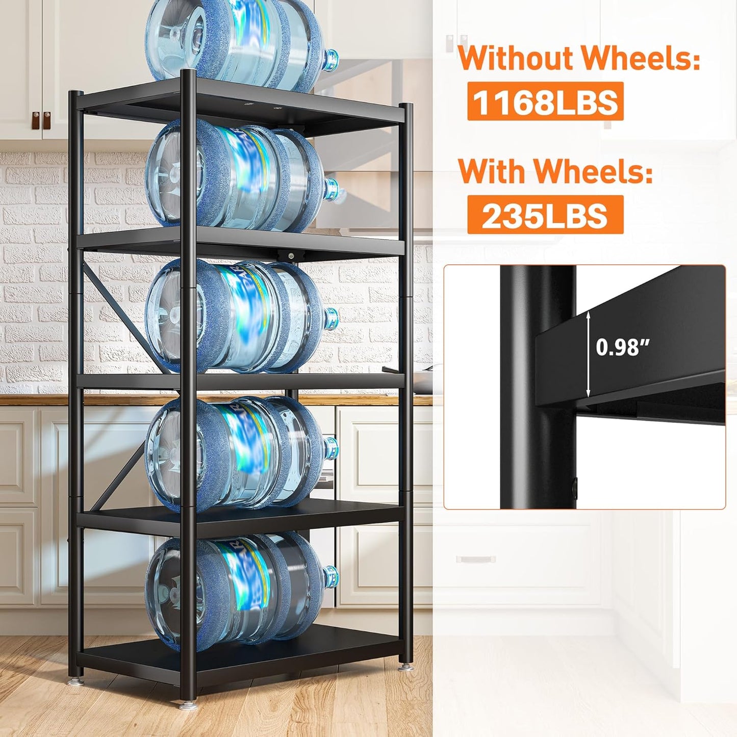 REIBII 5 Tier Metal Shelving Unit Load 1168LBS,Storage Shelves with Wheels,Wire Garage Shelving Commercial Shelf Organizer for Laundry Kitchen Pantry Closet Living Room,23.6" W X 15.7" D X 65.4" H