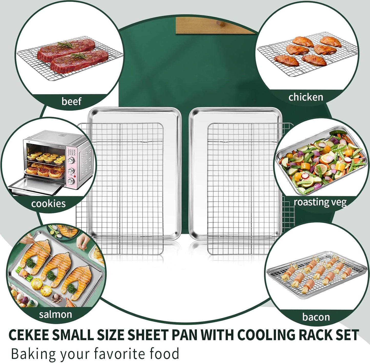 Small Baking Sheet with Rack Set [2 Small Cookie Sheets + 2 Small Baking Racks], CEKEE Stainless Steel Small Baking Pan and Grill Rack - Rust & Warp Resistant & Nonstick, Size 9.33 x 6.96 x 1 Inch
