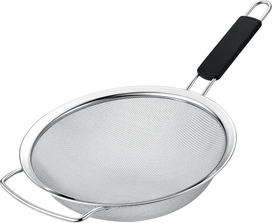 9" Large Fine Mesh Strainer with Thermo Plastic Rubber Handle - Sieve Fine Mesh Stainless Steel - Ideal Kitchen Essential to Strain Pasta, Quinoa and Rice